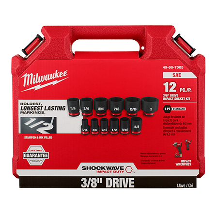 Milwaukee 49-66-7005, 3/8" Drive SHOCKWAVE Impact Duty SAE Standard 6 Point Socket Set - 12 Piece