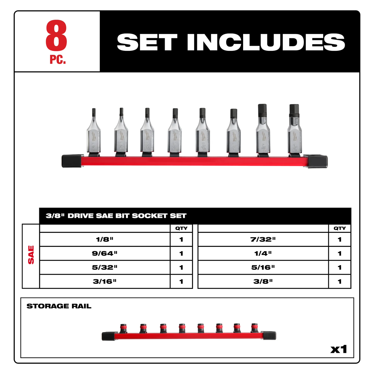 Milwaukee 48-22-9542, 8pc 3/8" Drive Hex Bit Socket Set - SAE