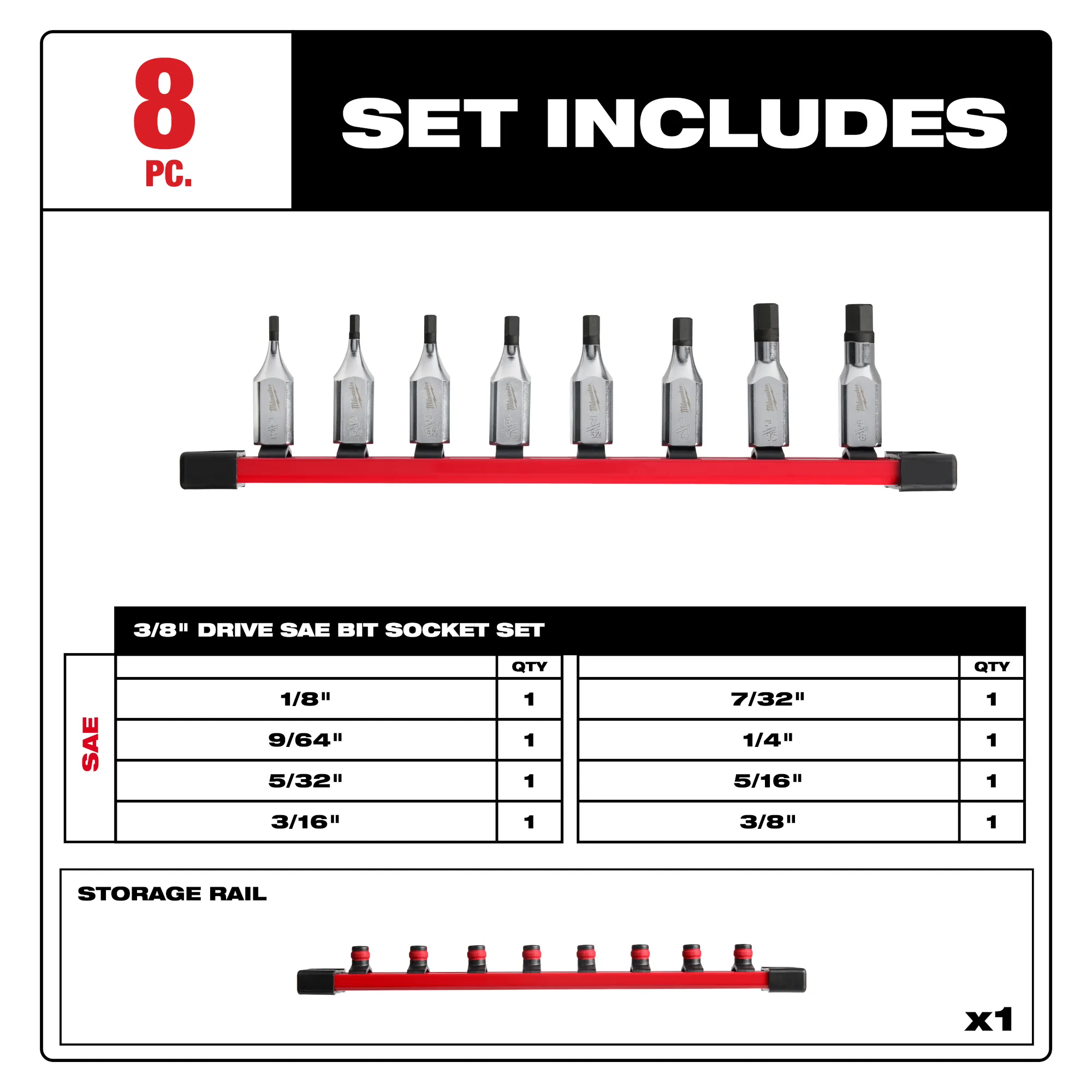 Milwaukee 48-22-9542, 8pc 3/8" Drive Hex Bit Socket Set - SAE