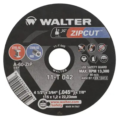 Walter 11T042, ZIPCUT 4.5X3/64X7/8'' T1 CUT-OFF WHEEL (25 PK)