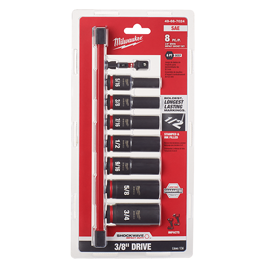 Milwaukee 49-66-7024, 3/8" Drive SHOCKWAVE Impact Duty SAE Deep 6 Point Socket Set - 8 Piece