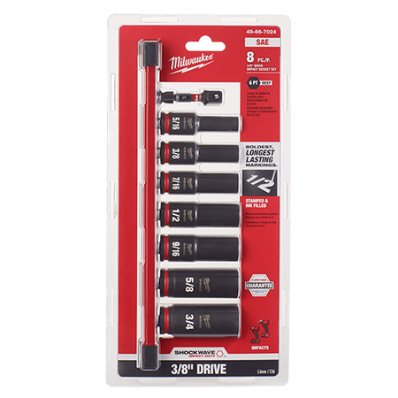 Milwaukee 49-66-7024, 3/8" Drive SHOCKWAVE Impact Duty SAE Deep 6 Point Socket Set - 8 Piece