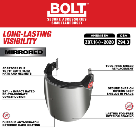 Milwaukee 48-73-1429, BOLT™ Full Face Shield - Mirrored Dual Coat Lens (Compatible with Milwaukee® BOLT™ Safety Helmets & BOLT™ Hard Hats)