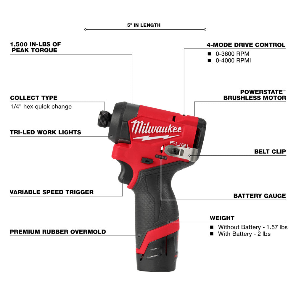 Milwaukee 3453-22, M12 FUEL™ 1/4" Hex Impact Driver Kit
