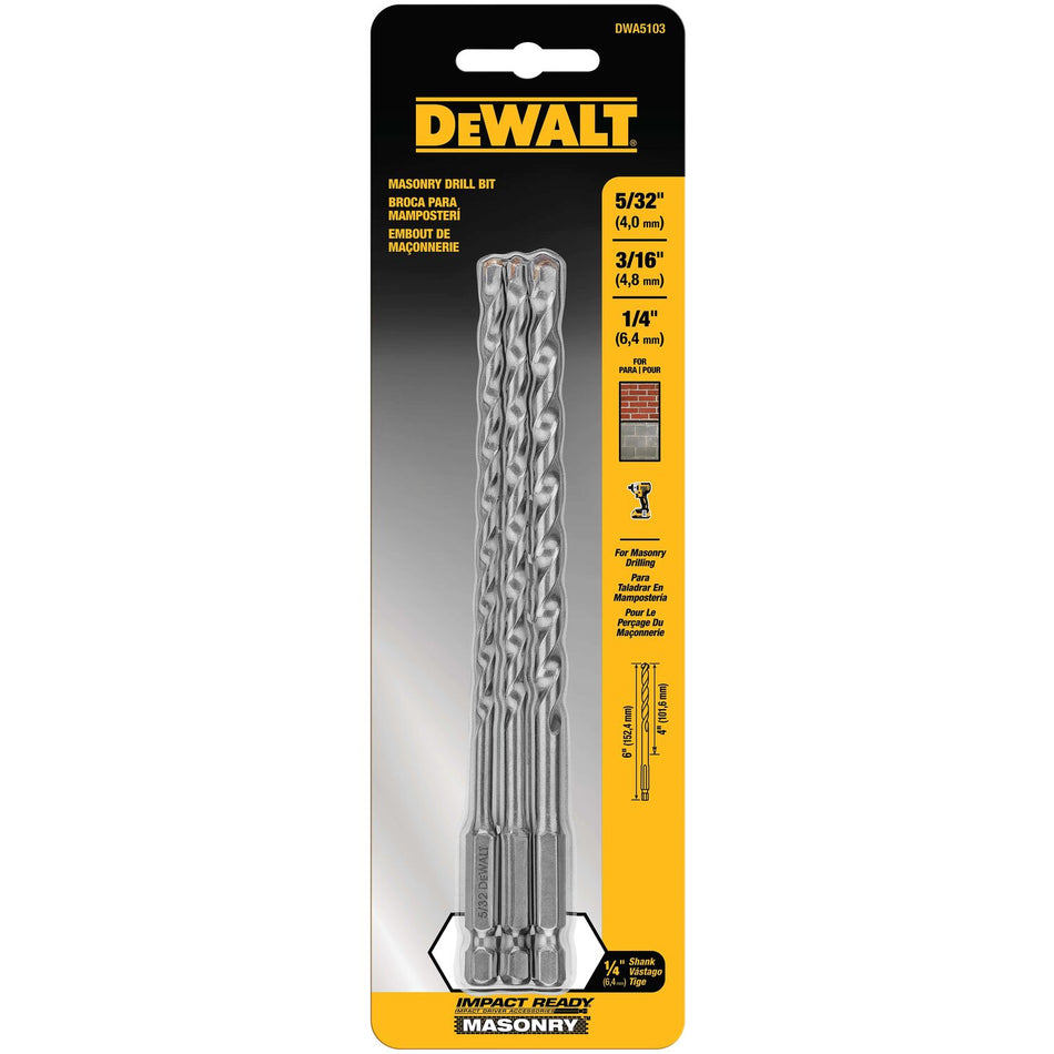 DEWALT DWA5103, 3 pc Impact Ready Masonry Bit Set