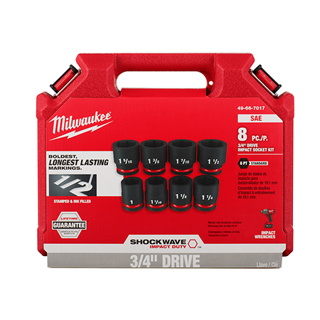 Milwaukee 49-66-7017, 3/4" Drive SHOCKWAVE Impact Duty SAE Standard 6 Point Socket Set - 8 Piece
