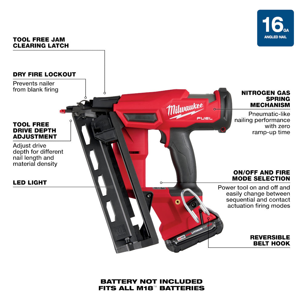 Milwaukee 2841-21CT, M18 FUEL 16 Gauge Angled Finish Nailer Kit