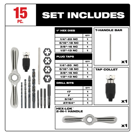 Milwaukee 49-22-5602, 15PC SAE Tap and Die Set with Hex-LOK™ 2-in-1 Handle